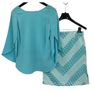 Carlisle Shirt Skirt Outfit Size 12 Flutter Sleeve Silk Pencil Blue 2pc Bright